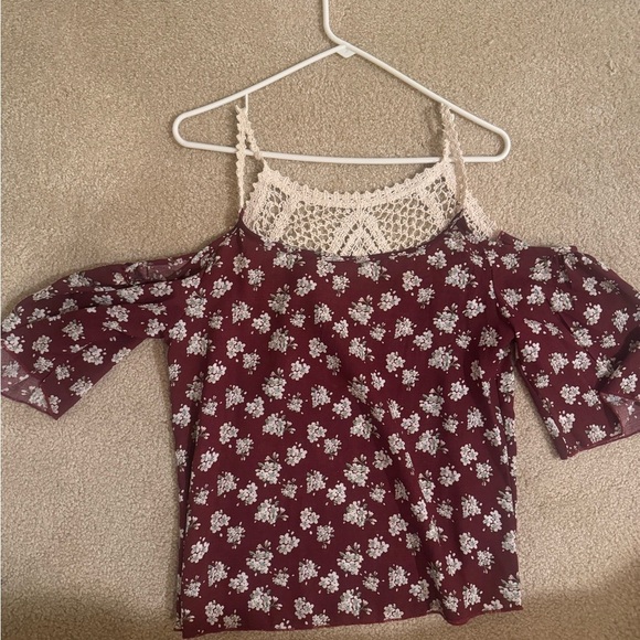 SHUN Tops - SHUN Burgundy Floral Crochet Women's Blouse